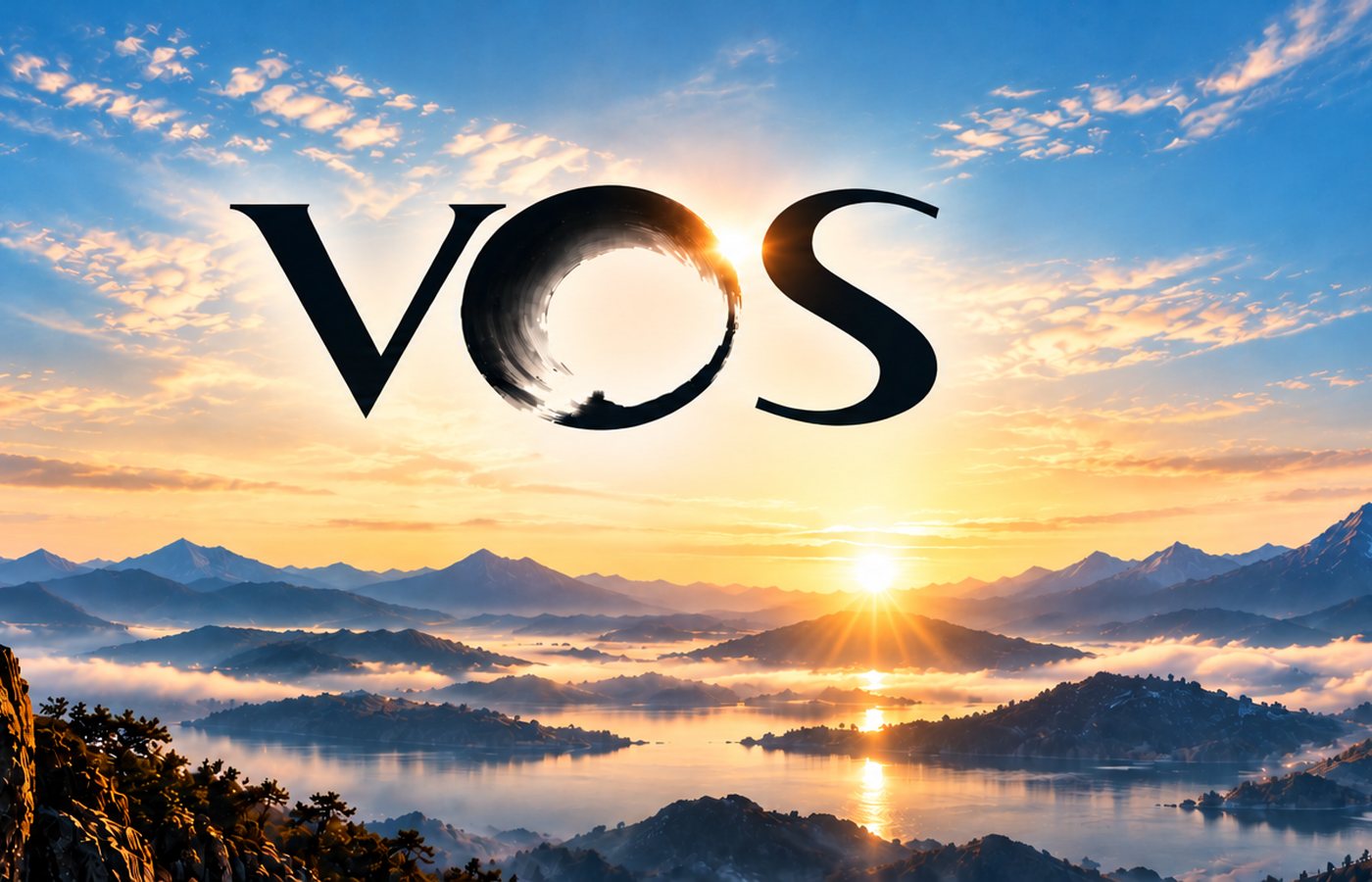 VOS字样与山水日出，象征生命向开放的地平线延伸